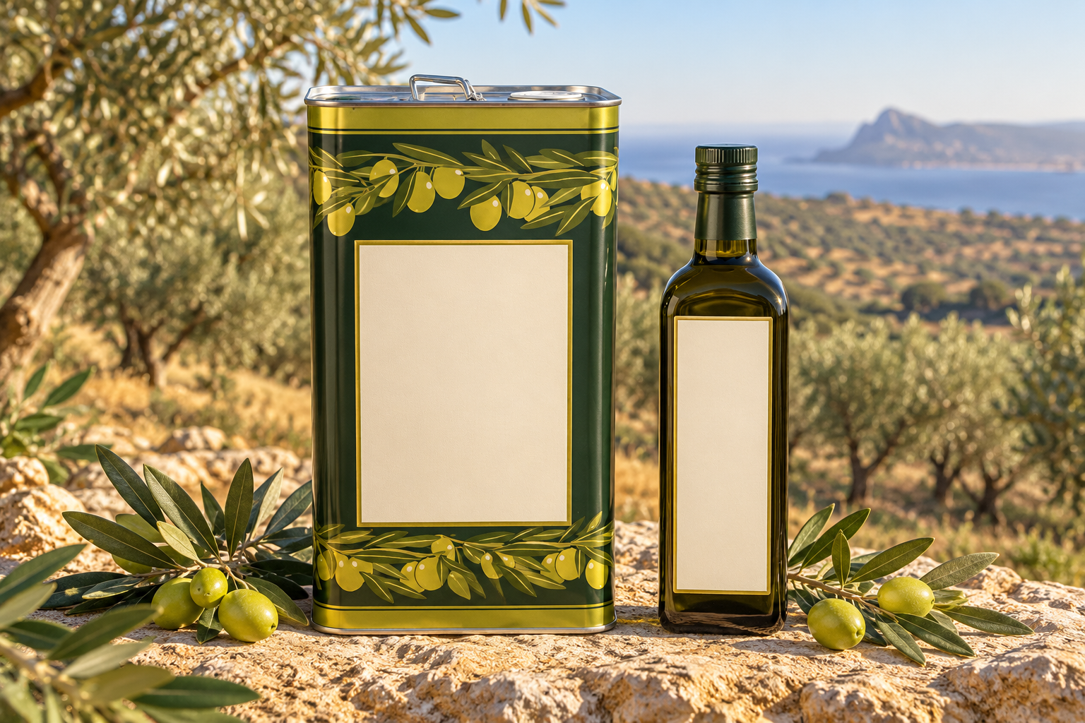 KI-generiertes Anschauungsbild: LandOpa-Olivenölkanister und Flasche vor einer sizilianischen Olivenlandschaft.